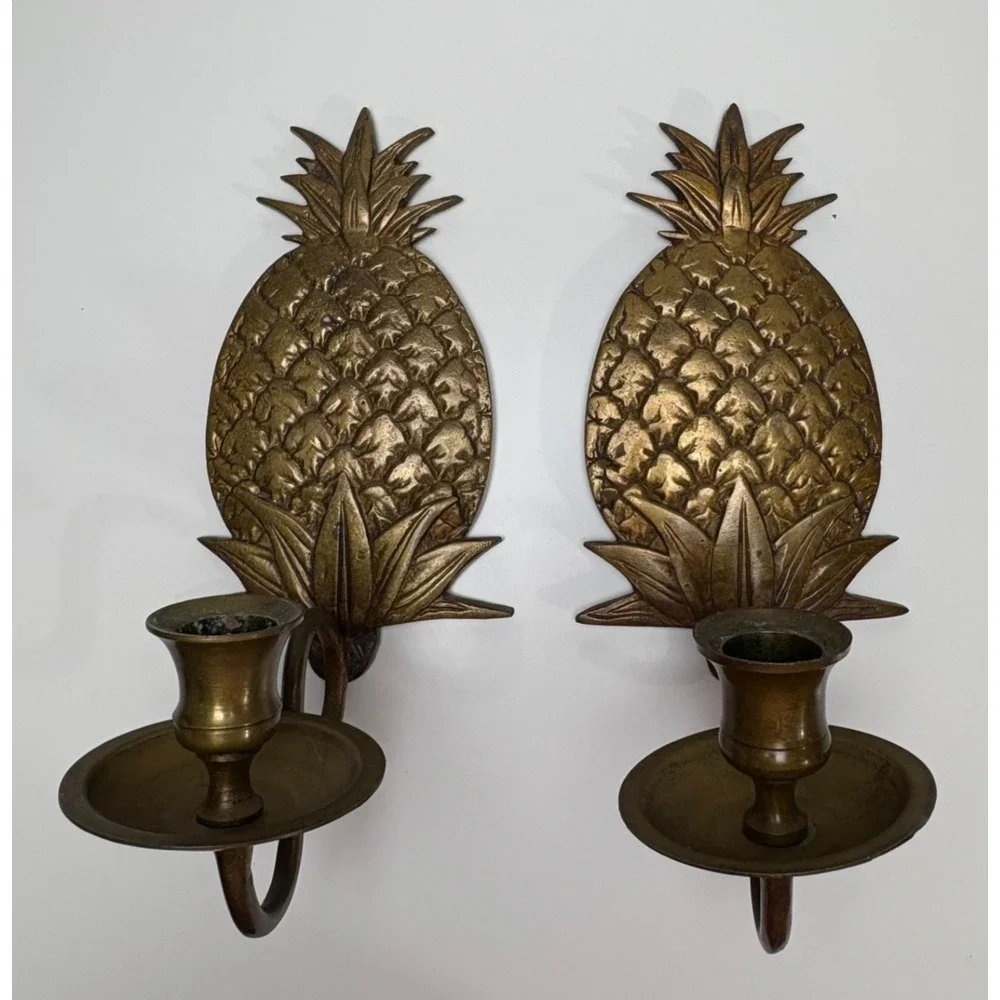 Pair Vintage Pineapple Candle Wall Sconces Solid Brass India Mid Century Decor